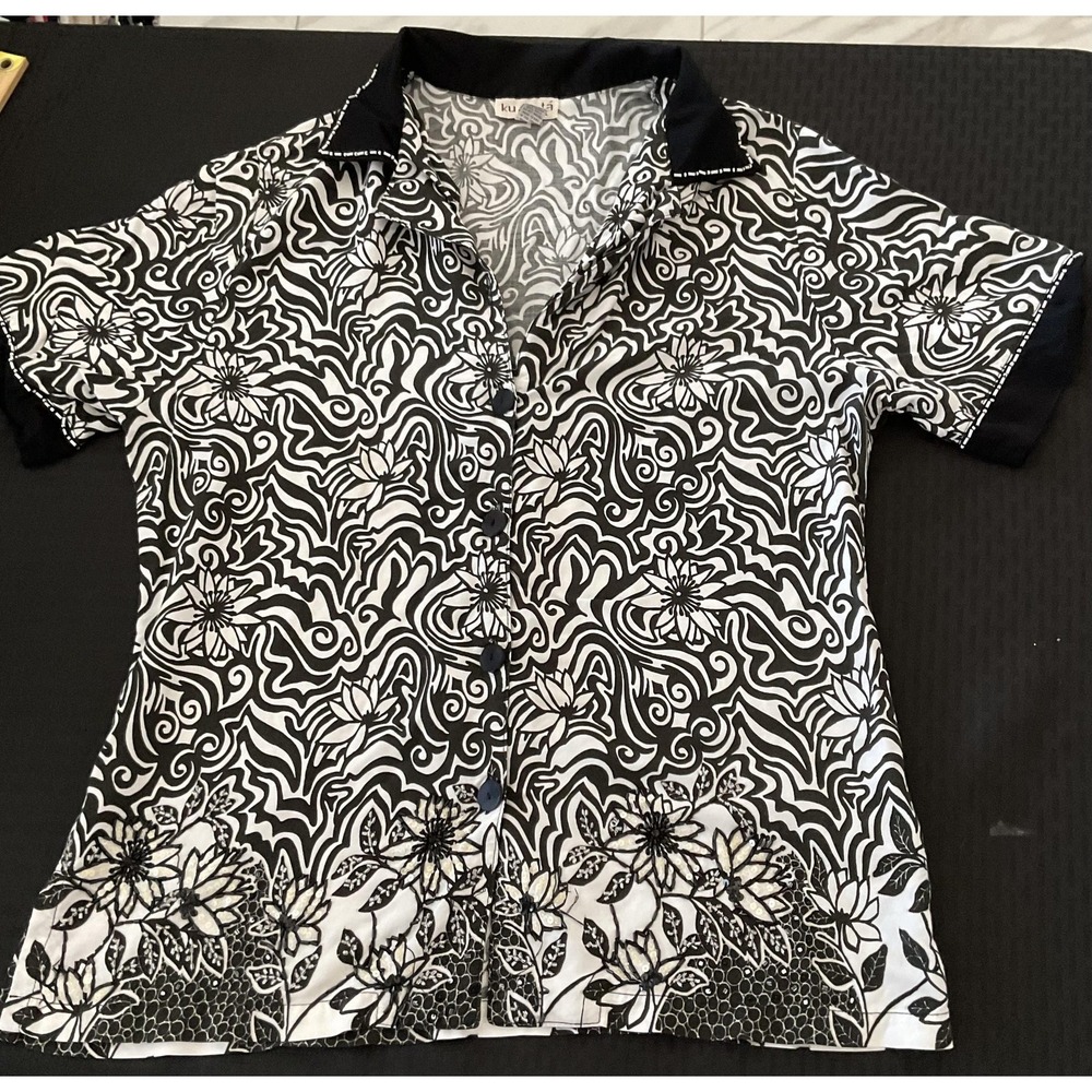 Ku De Ta‎ Shirt Womens XL Black White Floral Beaded Sequin Button Short Sleeve